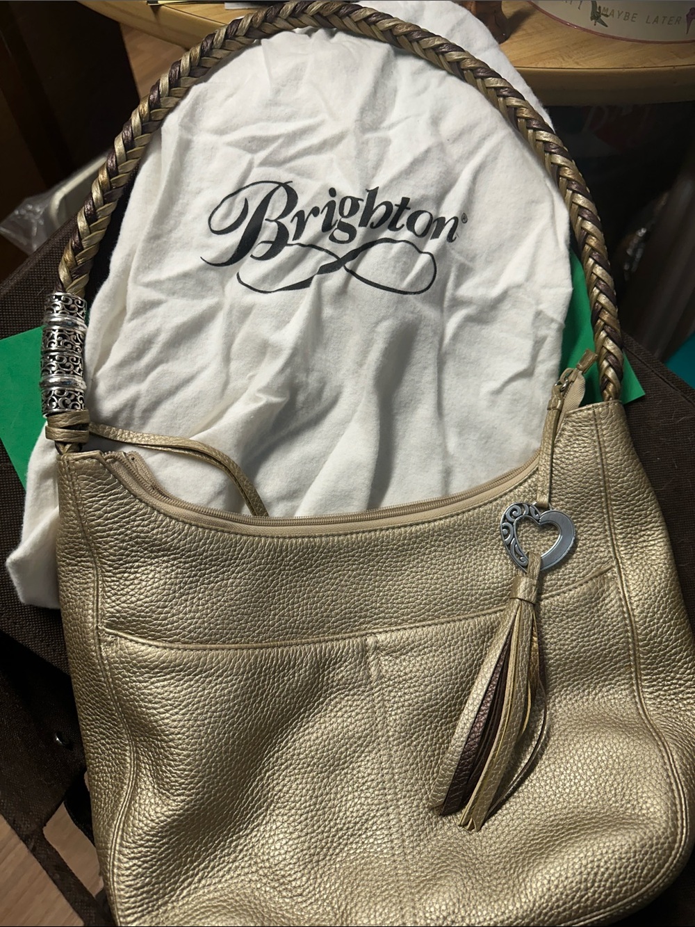 Brighton Metallic Beige-Gold Leather Shoulder Bag with Braided Strap